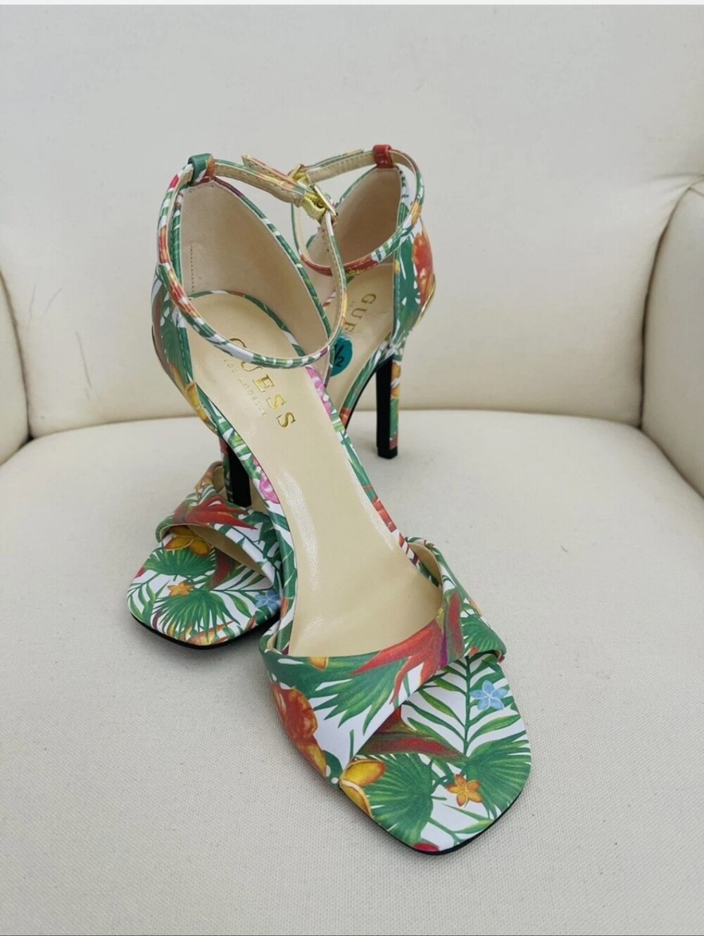 Guess Green Tropical Floral Ankle-Strap Sandals